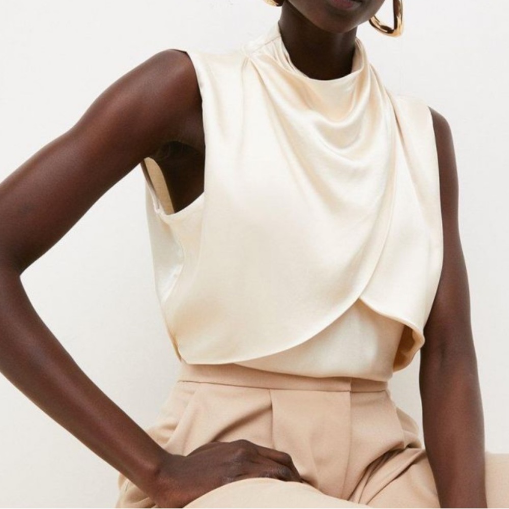 Karen Millen Ivory Draped Satin Wrap Woven Blouse
